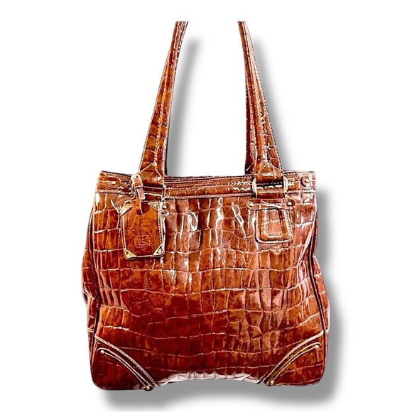 LIZ CLAIBORNE VINTAGE 1990s Faux Patent and Croc Brown Tote or Shoulder Bag - Picture 2 of 8